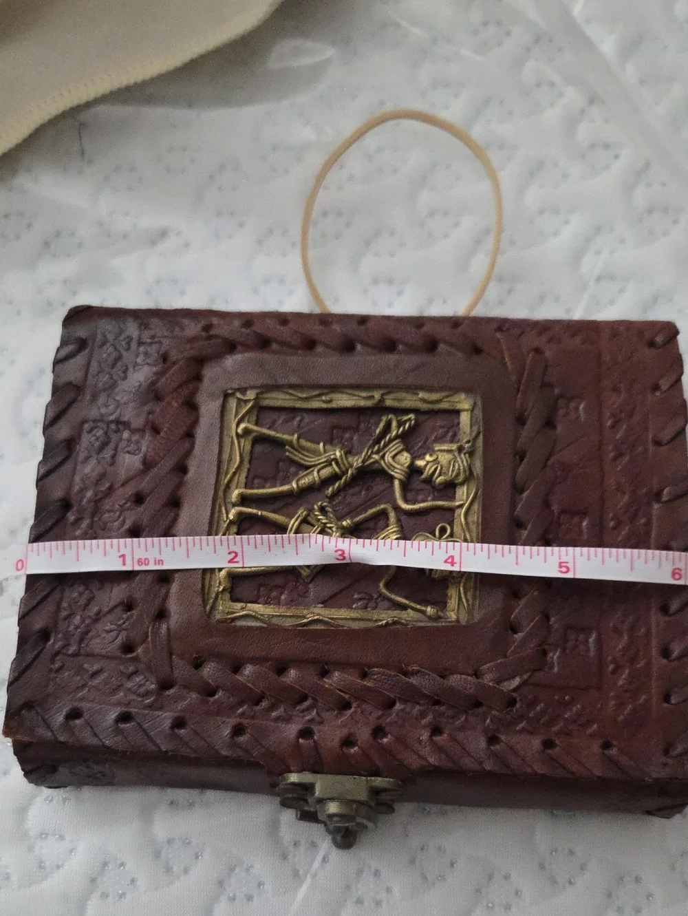 Leather journal with embossed metal decorative plate, handmade bound notebook